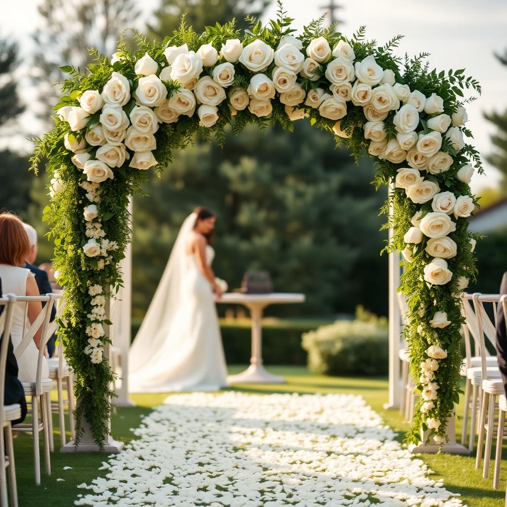 Arco de casamento com rosas brancas e folhagens sobre caminho de pétalas
