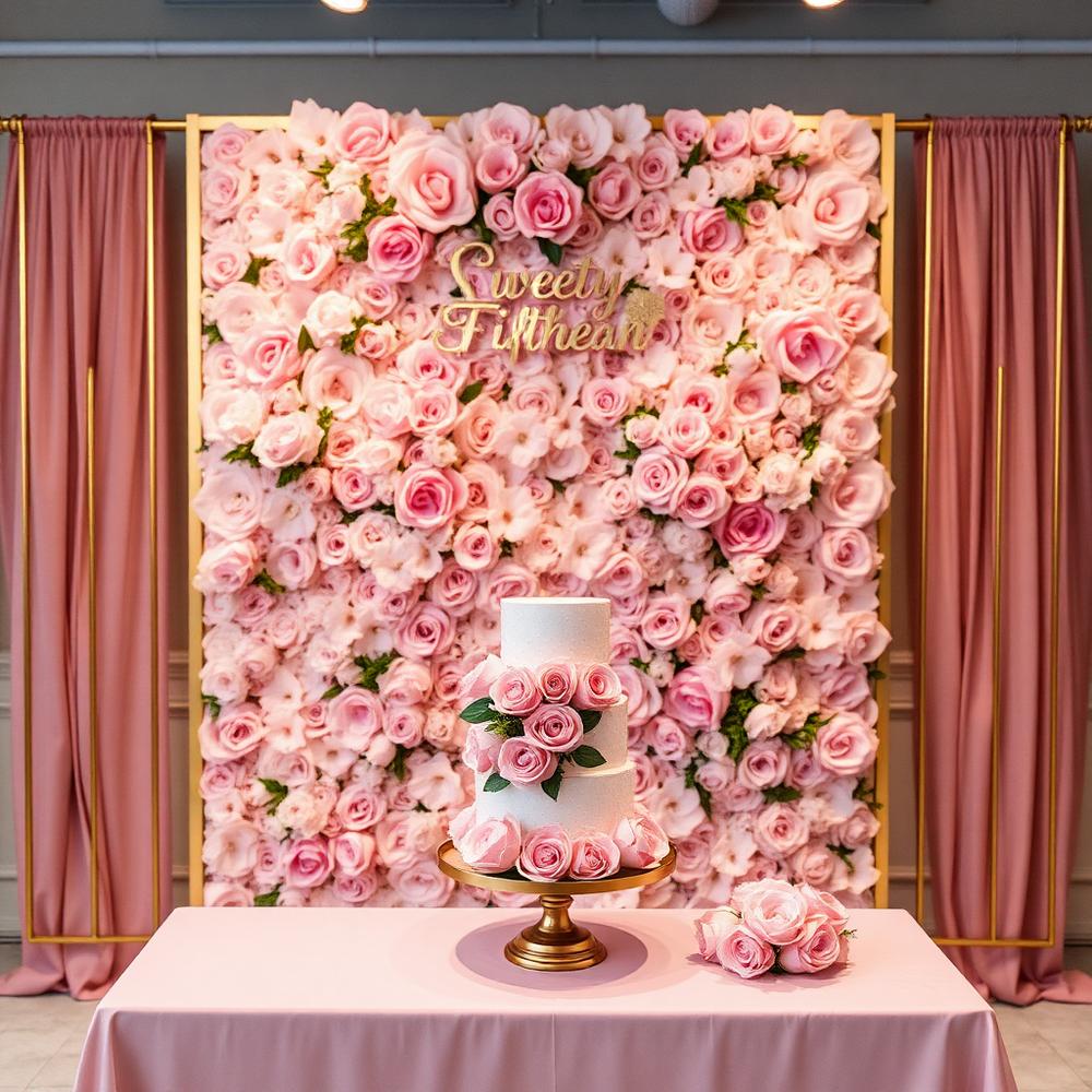 Painel de flores rosas com mesa de bolo para festa de 15 anos