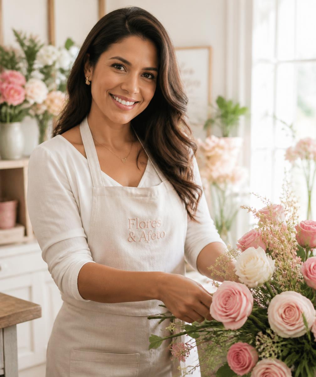 Bruna Lima sorrindo enquanto monta um arranjo de rosas em seu ateliê